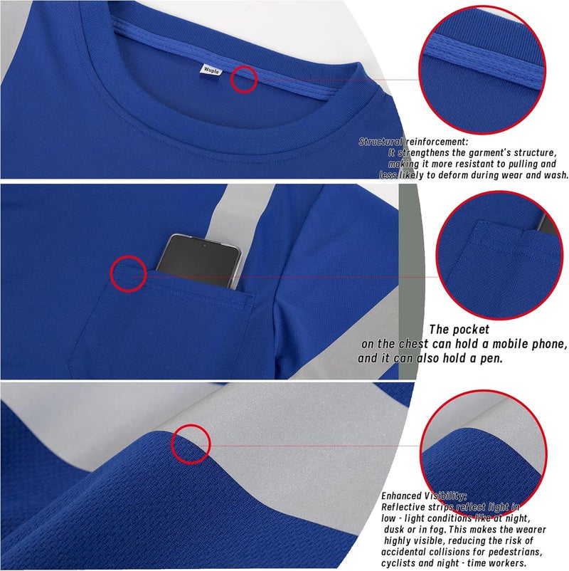 Wuple Store Safety Shirts for Men Construction Short Sleeve Quick Dry with Pocket Workwear, Class 3 High Visibility Shirts with Reflective Strips Blue S - Image 3